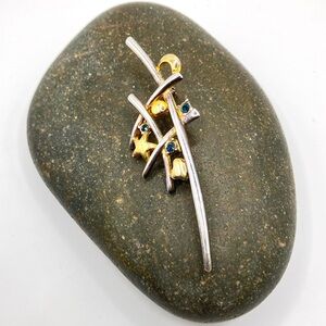 Vintage Gold Silver Tone Celestial Brooch Moon Star Planet with Blue Stones